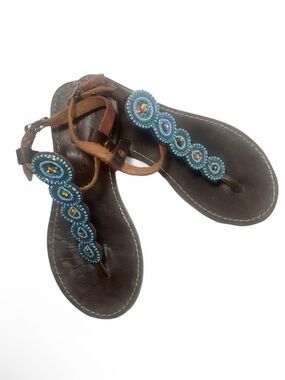 Bohemian Beaded Medallion Leather Thong Sandals Blue/Multi EU 40